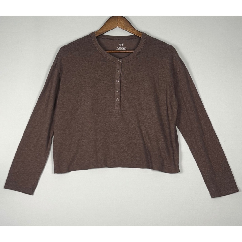 Aerie Cropped Henley Women Small Brown NWOT Long Sleeve Linen Blend Relaxed